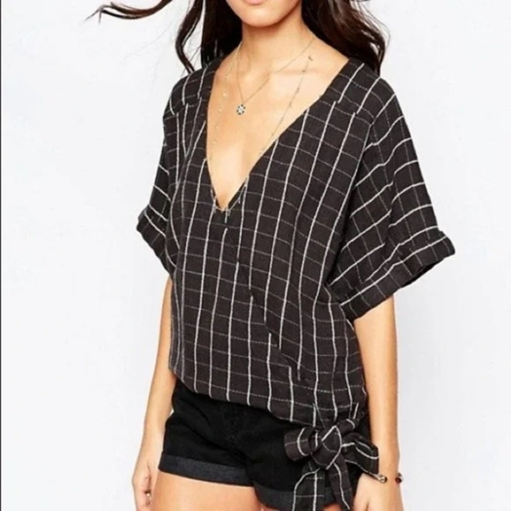 Free People Black Windowpane V-Neck Tie-Hem Blouse